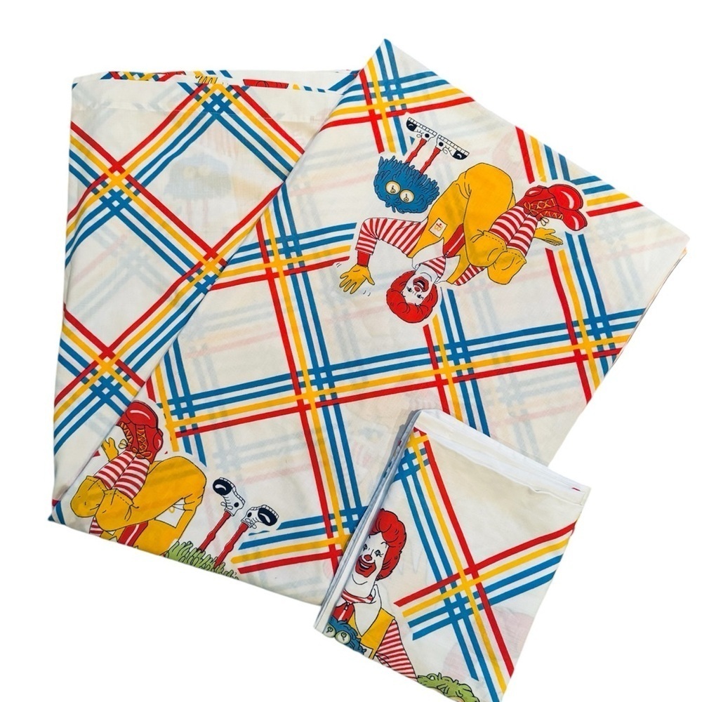VTG ‘70s McDonald’s Ronald McDonald Plaid Flat Sheet Pillow Case Set Size: TWIN